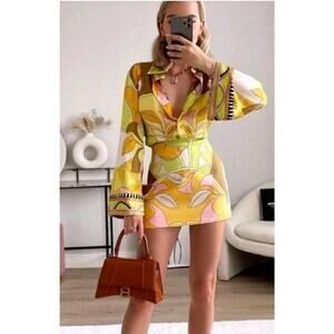 ZARA Printed Floral Mini Skirt Yellow Green High Waisted Size M Party Vacation